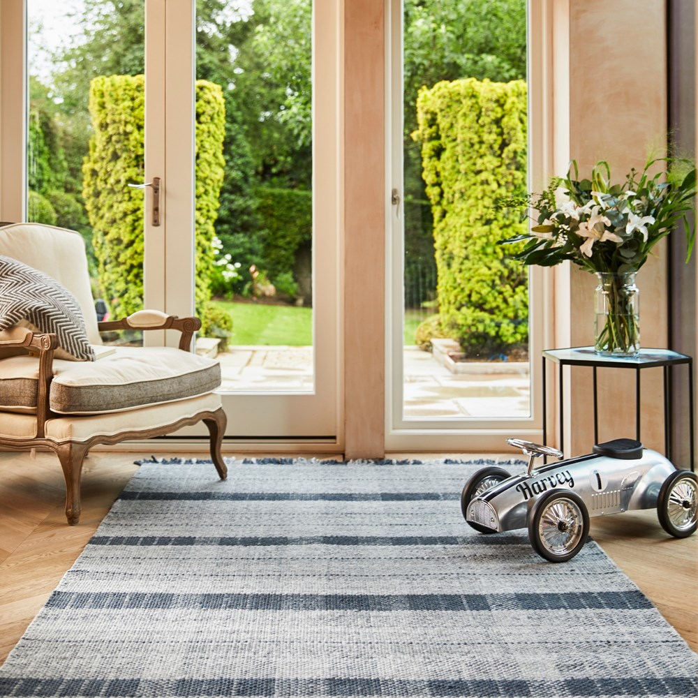 Highland Check Tartan Recycled Rugs in Navy Blue